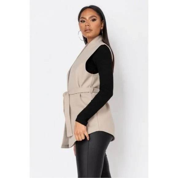 Beige Wool Blend Sleeveless Belted Vest Blazer Jacket - Picture 5 of 11